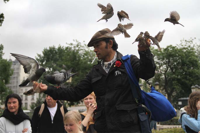 Man with birds landing on him in France