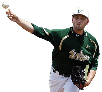 Derrick Stultz faces the camera as he throws a baseball.