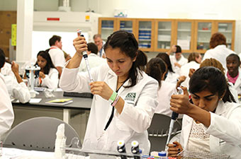 Students conduct an experiment in the lab.