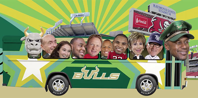 A cartoon of various people, including USF President Judy Genshaft and Rocky the Bull, riding on a bus driven by Coach Willie Taggart.